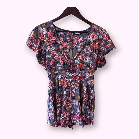 Lulus Dondi Navy Blue Floral Print Romper Shorts Size M - Picture 10 of 14